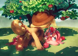 Size: 714x513 | Tagged: safe, artist:frali, derpibooru import, applejack, pinkie pie, floral head wreath, flower, pixiv, shade, tree