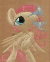 Size: 820x1024 | Tagged: safe, artist:getchanoodlewet, derpibooru import, fluttershy, bird, solo, traditional art