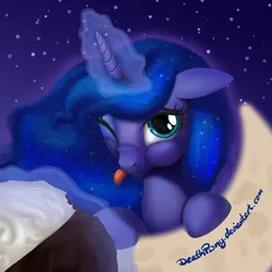 Size: 800x800 | Tagged: safe, artist:deathpwny, derpibooru import, princess luna, magic, moon, moon pie, solo, tongue out