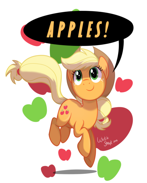 Size: 2641x3289 | Tagged: apple, applejack, artist:wicklesmack, derpibooru import, food, jumping, looking up, one word, safe, solo, speech bubble, that pony sure does love apples