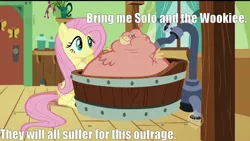 Size: 1920x1080 | Tagged: safe, artist:rainbow-dosh, derpibooru import, edit, edited screencap, screencap, fluttershy, philomena, bird, phoenix, pony, a bird in the hoof, bloated, female, image macro, inflation, jabba the hutt, mare, star wars, swollen, tub