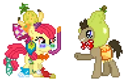 Size: 384x256 | Tagged: safe, artist:tourniquetmuffin, derpibooru import, apple bloom, doctor whooves, time turner, banana, clothes, costume, glasses, hat, necktie, pear, pineapple, pixel art, snorkel