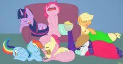 Size: 1929x1000 | Tagged: accessory swap, applejack, artist:elliflame, couch, derpibooru import, fluttershy, mane six, pinkie pie, popcorn, rainbow dash, rarity, safe, sleeping, sleepover, twilight sparkle