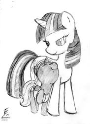 Size: 894x1224 | Tagged: safe, artist:masternodra, derpibooru import, twilight sparkle, oc, oc:nyx, pony, unicorn, fanfic:past sins, duo, fanfic art, female, filly, foal, grayscale, mare, monochrome, mother and child, mother and daughter, pencil drawing, raised hoof, signature, traditional art, unicorn twilight
