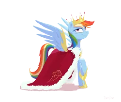 Size: 1600x1350 | Tagged: safe, artist:kaermter, derpibooru import, rainbow dash, pegasus, pony, clothes, crown, female, hooves, jewelry, lineless, mare, queen, raised hoof, regalia, simple background, solo, spread wings, transparent background, wings