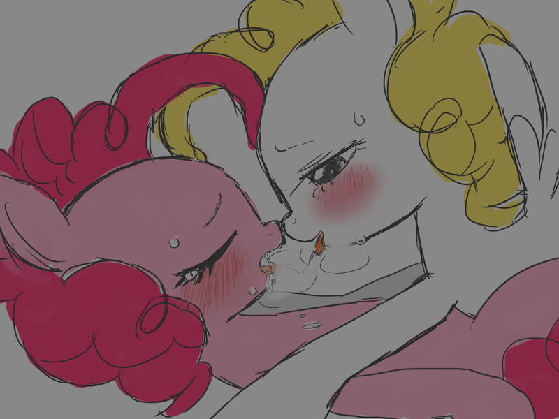 Size: 1280x960 | Tagged: artist:momo, bed, blushing, cute, dark, diapinkes, drool string, female, kissing, lesbian, panting, pinkie pie, pinkieprise, questionable, shipping, sloppy kissing, surprise