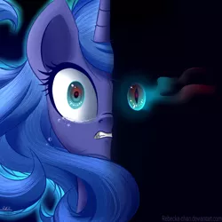 Size: 1024x1024 | Tagged: dead source, safe, artist:rebecka-chan, derpibooru import, nightmare moon, princess luna, alicorn, pony, bust, crying, digital art, female, glowing eyes, mare, portrait, solo, teeth, transformation