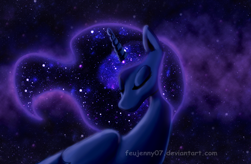 Size: 900x590 | Tagged: artist:feujenny07, derpibooru import, eyes closed, galaxy mane, portrait, princess luna, safe, smiling, solo