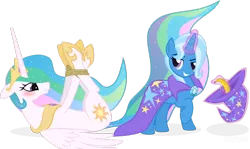 Size: 1280x762 | Tagged: artist:the smiling pony, banana, blushing, bondage, derpibooru import, female, femsub, hogtied, lesbian, magic, princess celestia, shipping, simple background, sublestia, submissive, suggestive, transparent background, trixie, trixlestia