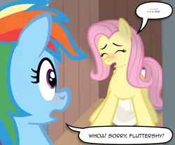 Size: 1300x1080 | Tagged: artist:jepso, blushing, caught, cute, derpibooru import, dialogue, fluttershy, outhouse, pissing, potty time, rainbow dash, speech bubble, squatting toilet, suggestive, toilet, urine