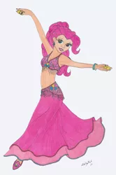 Size: 900x1357 | Tagged: artist:zellykat, belly button, belly dancer, belly dancer outfit, cleavage, derpibooru import, ear piercing, female, humanized, jewelry, midriff, piercing, pinkie pie, safe, solo, traditional art
