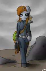 Size: 704x1088 | Tagged: anthro, artist:sinrar, clothes, derpibooru import, fallout, fallout equestria, fanfic, fanfic art, female, gun, handgun, hooves, horn, jumpsuit, little macintosh, oc, oc:littlepip, optical sight, pipbuck, revolver, rock, safe, solo, unofficial characters only, vault suit, wasteland, weapon