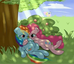 Size: 5750x5000 | Tagged: safe, artist:carligercarl, derpibooru import, fluttershy, pinkie pie, rainbow dash, absurd resolution, crepuscular rays, dappled sunlight, female, hide and seek, lesbian, pinkiedash, shade, shipping, tree