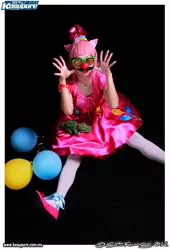 Size: 425x625 | Tagged: artist:pameekawaii, balloon, cosplay, derpibooru import, groucho mask, gummy, human, irl, irl human, photo, pinkie pie, plushie, safe, solo