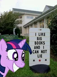 Size: 499x671 | Tagged: baby got back, derpibooru import, library, ponies in real life, safe, sign, sir mix-a-lot, song reference, twilight sparkle