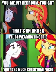 Size: 491x628 | Tagged: suggestive, derpibooru import, edit, edited screencap, screencap, normal norman, sunset shimmer, equestria girls, equestria girls (movie), background human, bedroom eyes, duo, image macro, meme, normsun