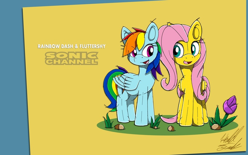 Size: 1920x1200 | Tagged: artist:fuzon-s, crossover, derpibooru import, duet, fluttershy, may the best pet win, rainbow dash, safe, scene interpretation, singing, sketch, sonic channel, sonic the hedgehog (series), style emulation, wallpaper, yuji uekawa style