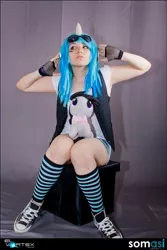 Size: 493x740 | Tagged: artist:angelica rico, clothes, cosplay, derpibooru import, fingerless gloves, gloves, human, irl, irl human, octavia melody, photo, plushie, safe, sitting, solo, vinyl scratch