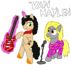 Size: 1000x915 | Tagged: safe, artist:paper-pony, derpibooru import, ponified, pony, bipedal, classic rock ponies, david lee roth, eddie van halen, guitar, magic, microphone, van halen