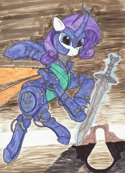 Size: 1190x1648 | Tagged: armor, armorarity, artist:enigmaticthief, aura battler dunbine, derpibooru import, dunbine, powered exoskeleton, rarity, safe, solo, sword, traditional art