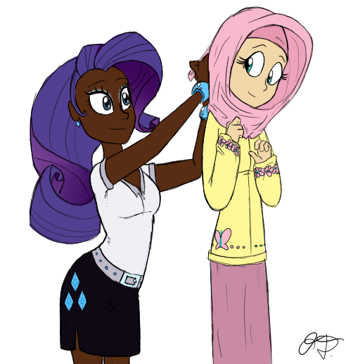 Size: 492x517 | Tagged: artist:unreadablemind, dark skin, derpibooru import, fluttershy, hijab, humanized, islam, islamashy, rarity, safe, why meph why