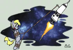 Size: 845x576 | Tagged: safe, artist:procaballus, derpibooru import, derpy hooves, pegasus, pony, female, mare, rocket, space