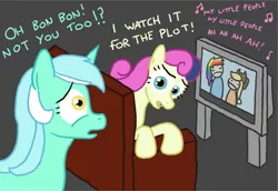 Size: 759x521 | Tagged: applejack, artist:paper-pony, bon bon, couch, derpibooru import, humanized, i watch it for the plot, lyra heartstrings, my little human, rainbow dash, role reversal, safe, sweetie drops, television