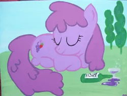 Size: 2848x2144 | Tagged: artist:equestriapaintings, berry punch, berryshine, derpibooru import, photo, safe, sleeping, solo, traditional art, wine