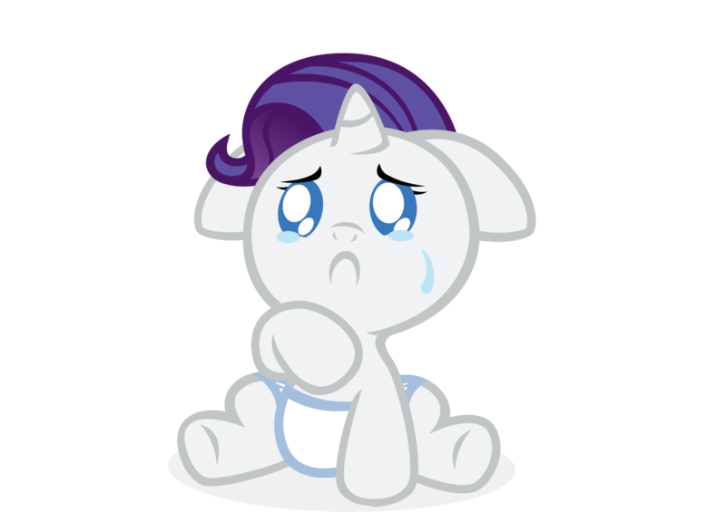 Size: 1500x1060 | Tagged: safe, artist:broccolimeansfun, derpibooru import, edit, rarity, pony, baby, baby pony, crying, diaper, filly, foal, solo