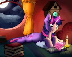 Size: 900x707 | Tagged: artist:roolosdoodleden, bed, book, candle, derpibooru import, magic, night, reading, safe, smiling, solo, twilight sparkle