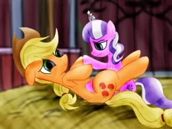 Size: 1024x768 | Tagged: applejack, artist:jabbie64, barn, derpibooru import, diamondjack, diamond tiara, female, lesbian, safe