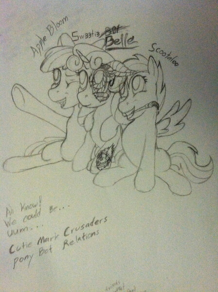 Size: 1024x1371 | Tagged: safe, artist:godofcheese9000, derpibooru import, apple bloom, scootaloo, sweetie belle, earth pony, pegasus, pony, robot, robot pony, unicorn, black and white, cutie mark crusaders, female, filly, foal, grayscale, hooves, horn, monochrome, one eye closed, simple background, sitting, spread wings, sweetie bot, text, traditional art, white background, wings