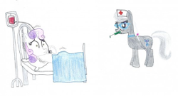 Size: 250x135 | Tagged: artist needed, bed, blood, braid, derpibooru import, grin, hospital, iv, lowres, needle, nurse, safe, scared, silver spoon, sweetie belle, syringe, traditional art, trembling, trypanophobia