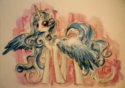 Size: 4320x3067 | Tagged: safe, artist:smartmeggie, derpibooru import, oc, oc:feathers, unofficial characters only, alicorn, pony, absurd resolution, alicorn oc, solo, traditional art