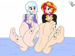 Size: 2048x1536 | Tagged: artist:bronypanda, barefoot, breasts, cleavage, feet, female, foot fetish, foot focus, footsie, human, humanized, lesbian, soles, suggestive, sunset shimmer, suntrix, toenails, toes, trixie