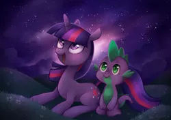 Size: 994x701 | Tagged: safe, artist:tsurime, derpibooru import, spike, twilight sparkle, dragon, pony, unicorn, duo, female, male, mare, night, open mouth, prone, sitting, sky, stargazing, starry night, stars, unicorn twilight