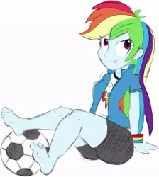 Size: 653x729 | Tagged: safe, artist:sweethd, derpibooru import, rainbow dash, equestria girls, barefoot, feet, foot fetish, football, humanized, soles, solo, sports shorts, toes