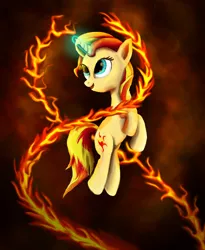 Size: 1230x1500 | Tagged: safe, artist:fox-moonglow, derpibooru import, sunset shimmer, pony, fiery shimmer, fire, magic, pyromancy, solo