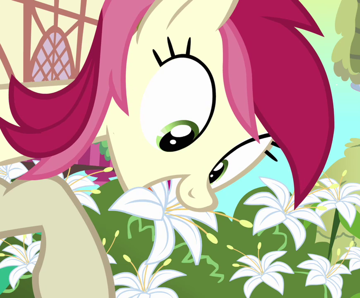 Size: 870x720 | Tagged: a friend in deed, calla lily, derpibooru import, flower, grazing, herbivore, horses doing horse things, lily (flower), roseluck, safe, screencap, solo