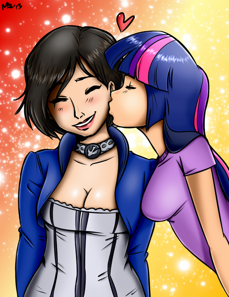 Size: 1011x1309 | Tagged: artist:megasweet, artist:trelwin, bioshock infinite, blushing, cleavage, crossover, derpibooru import, elizabeth, female, heart, human, humanized, kissing, lesbian, miyuki sawashiro, safe, smiling, twilight sparkle, voice actor joke