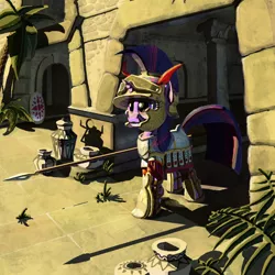 Size: 1000x1000 | Tagged: ancient ruins, armor, artist:lordgood, carthage, derpibooru import, safe, solo, spear, twilight sparkle, weapon