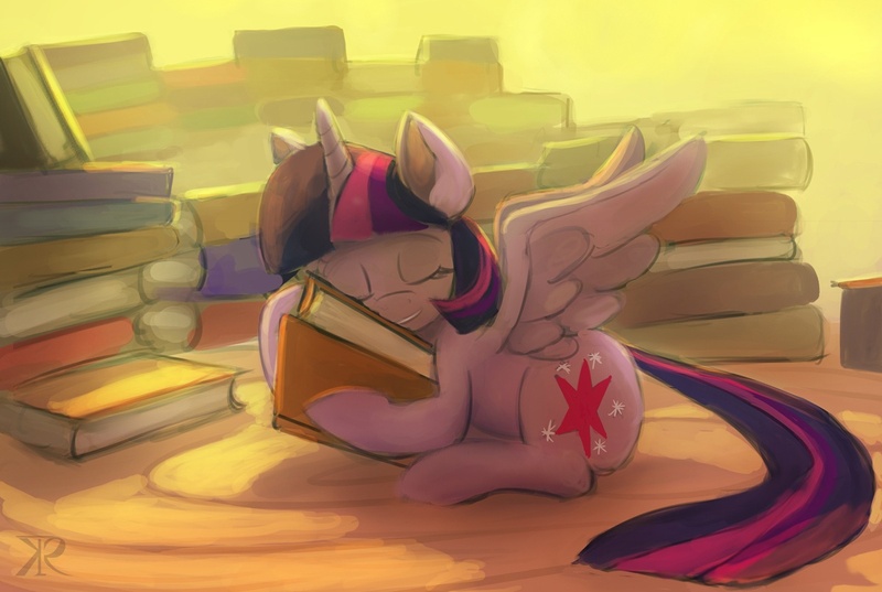 Size: 1200x805 | Tagged: safe, artist:raikoh, derpibooru import, twilight sparkle, twilight sparkle (alicorn), alicorn, pony, backlighting, bibliophile, book, cargo ship, female, hug, mare, pile, shipping, sitting, solo, that pony sure does love books, twibook