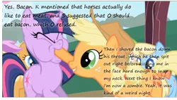 Size: 1036x589 | Tagged: applejack, bacon, derpibooru import, edit, edited screencap, faic, feederjack, force feeding, friendship is magic, insane pony thread, neck snap, safe, screencap, tumblr, twilight sparkle, zombie