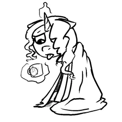 Size: 700x700 | Tagged: safe, artist:okiedokielowkey, derpibooru import, oc, oc:renne crux, unofficial characters only, pony, unicorn, blanket, cup, drink, lineart, magic, monochrome, mug, renne quest, sick, solo, telekinesis, tongue out