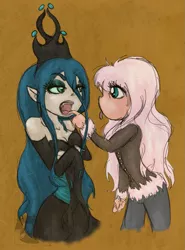 Size: 1195x1613 | Tagged: safe, artist:phantasmicdream, derpibooru import, queen chrysalis, oc, oc:fluffle puff, arm warmers, clothes, crown, dress, elf ears, eyeshadow, fangs, humanized, jewelry, long sleeves, looking at each other, makeup, open mouth, regalia, shirt, tongue out