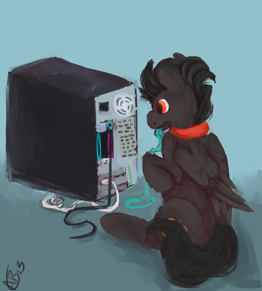 Size: 779x863 | Tagged: safe, artist:weepysheep, deleted from derpibooru, derpibooru import, oc, unofficial characters only, pegasus, pony, commission, computer, dark pumpkin, dell, optiplex, solo