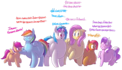 Size: 1280x736 | Tagged: artist:secretgoombaman12345, ask chubby diamond, babs seed, blob seed, blushing, chubby, derpibooru import, diamond tiara, fat, fattershy, fluttershy, obese, rainblob dash, rainbow dash, safe, scootaloo, vinyl fat, vinyl scratch, weight gain, wrong eye color