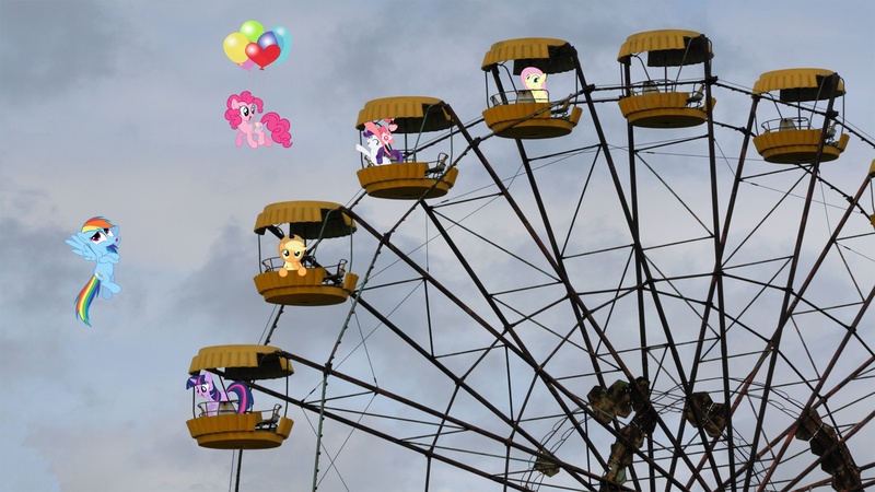 Size: 1920x1080 | Tagged: applejack, artist:mr-kennedy92, balloon, derpibooru import, ferris wheel, fluttershy, mane six, pinkie pie, ponies in real life, pripyat, rainbow dash, rarity, safe, twilight sparkle, vector