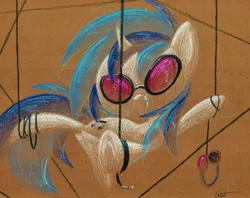 Size: 1207x956 | Tagged: artist:getchanoodlewet, derpibooru import, safe, solo, suspended, traditional art, vinyl scratch