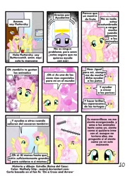 Size: 900x1222 | Tagged: artist:reina-del-caos, blushing, butterscotch, comic, derpibooru import, fanfic:on a cross and arrow, fluttershy, rule 63, safe, spanish